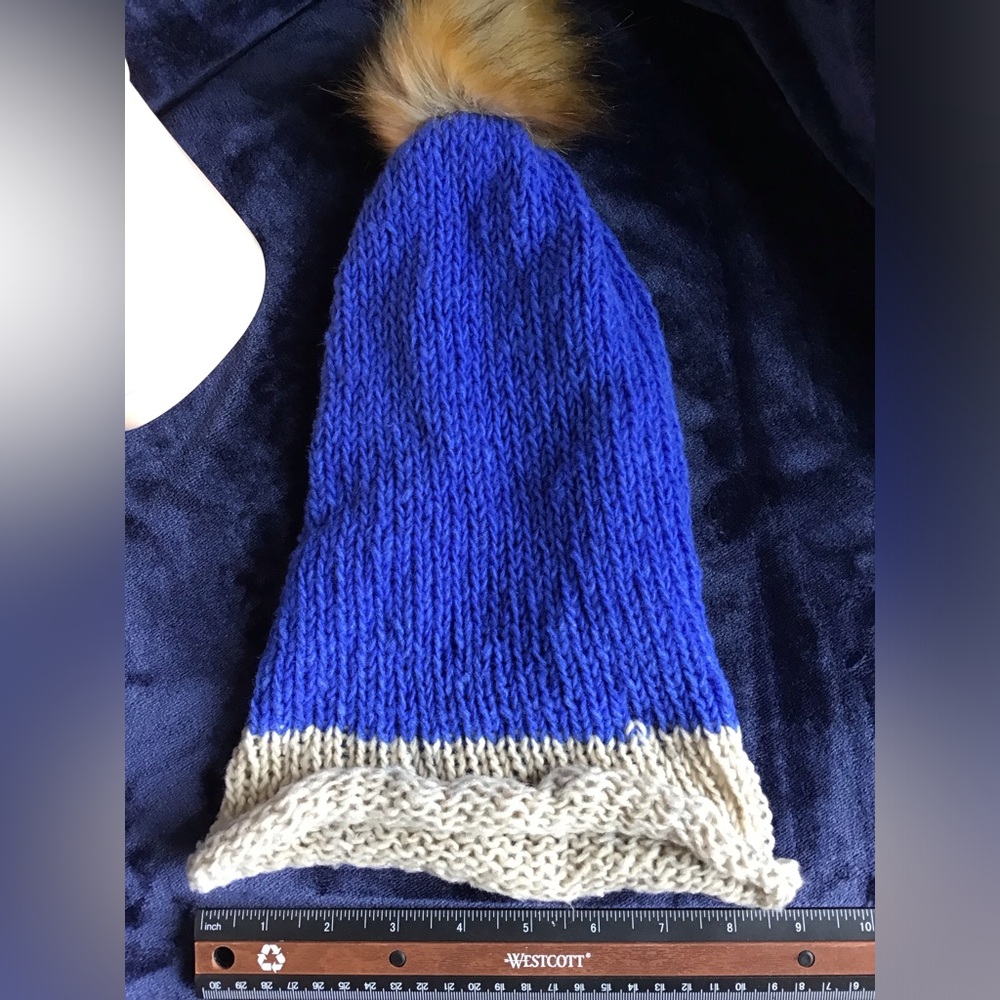 Blue and Cream Knit Pom-Pom Beanie